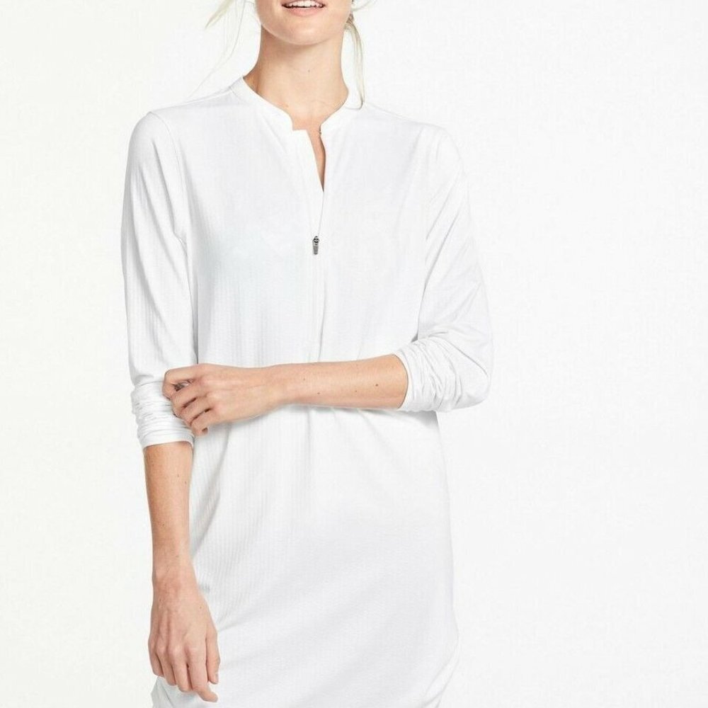 Beach Lunch Lounge White Tunic Shirt Long Sleeve Y Neck Loose Coverup Top P2523